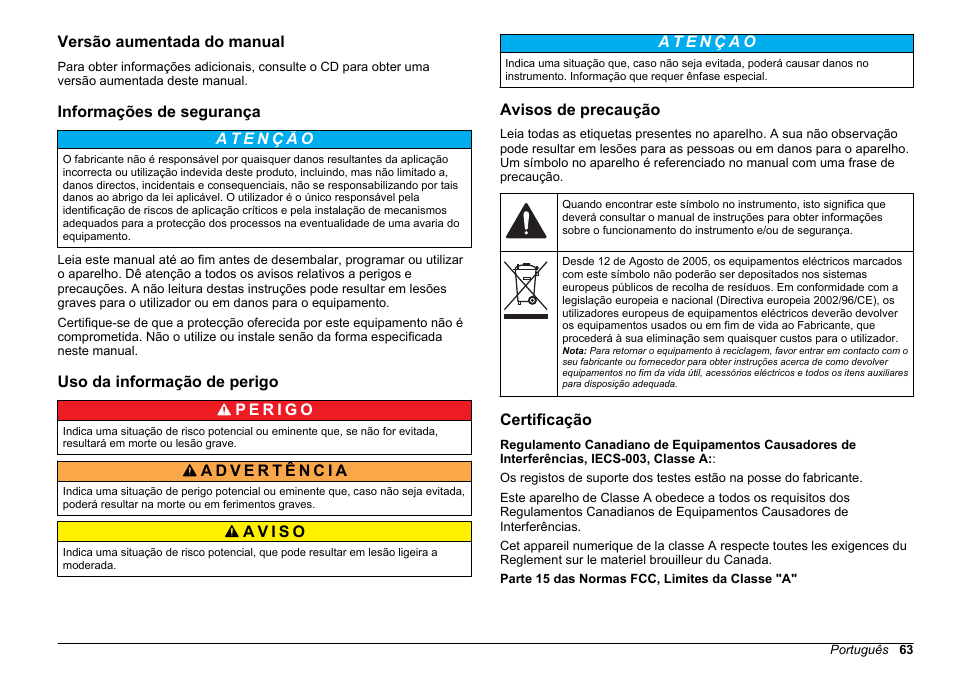 Versão aumentada do manual, Informações de segurança, Uso da informação de perigo | Avisos de precaução, Certificação | Hach-Lange BODTrak II Basic User Manual User Manual | Page 63 / 172