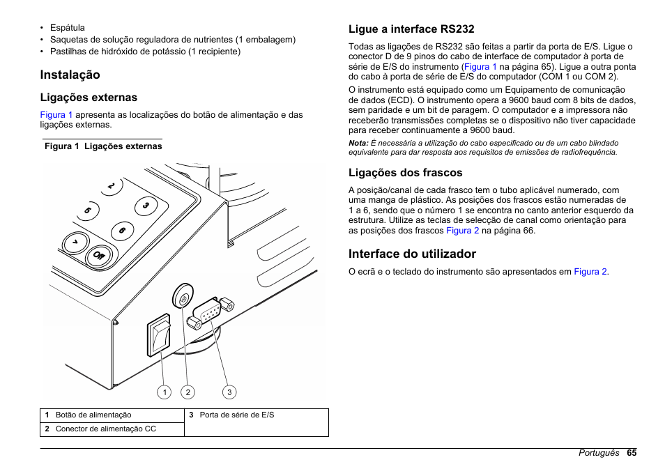 Instalação, Ligações externas, Ligue a interface rs232 | Ligações dos frascos, Interface do utilizador | Hach-Lange BODTrak II Basic User Manual User Manual | Page 65 / 172