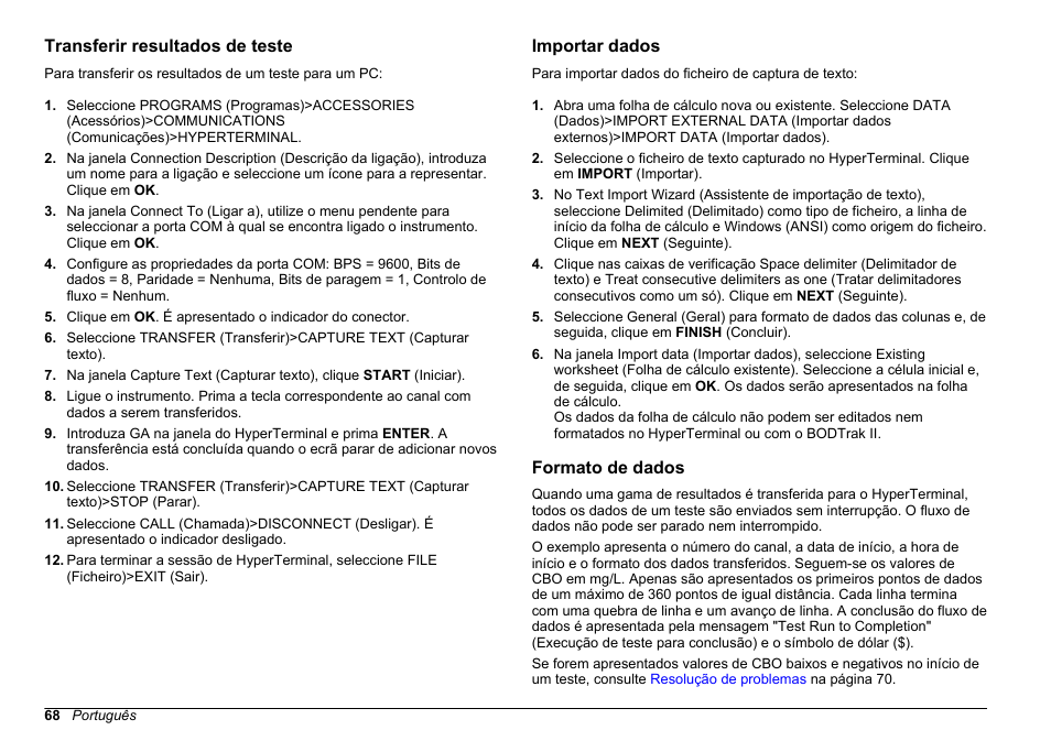 Transferir resultados de teste, Importar dados, Formato de dados | Hach-Lange BODTrak II Basic User Manual User Manual | Page 68 / 172