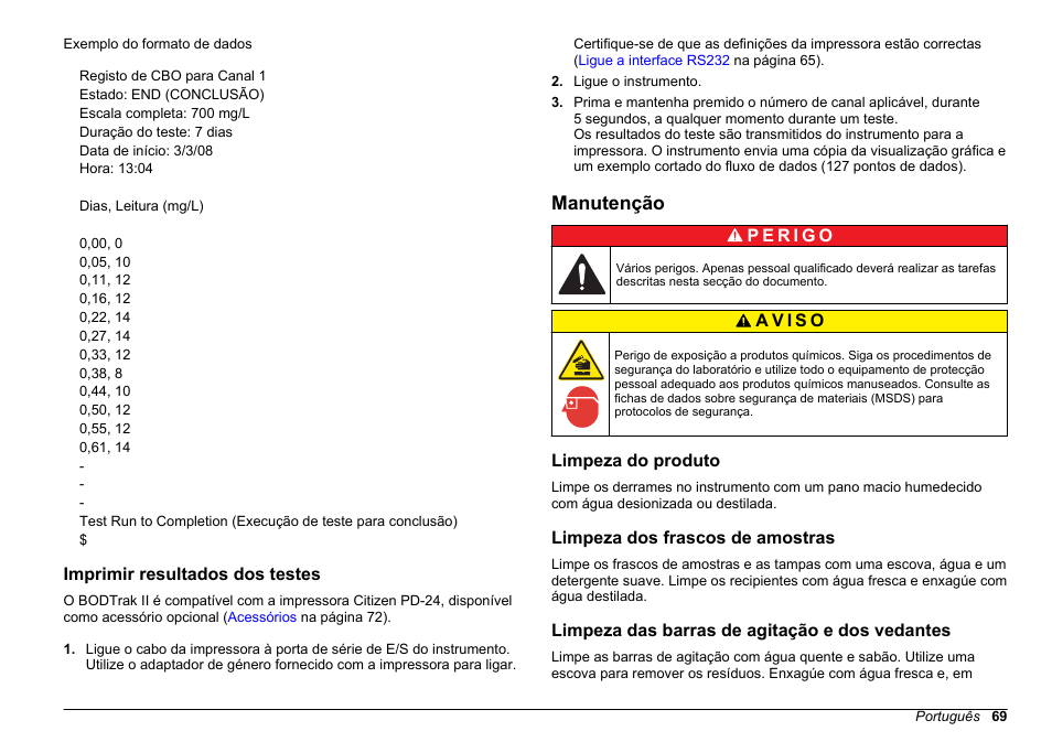 Imprimir resultados dos testes, Manutenção, Limpeza do produto | Limpeza dos frascos de amostras, Limpeza das barras de agitação e dos vedantes | Hach-Lange BODTrak II Basic User Manual User Manual | Page 69 / 172