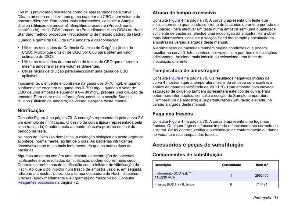 Nitrificação, Atraso de tempo excessivo, Temperatura de amostragem | Fuga nos frascos, Acessórios e peças de substituição, Componentes de substituição | Hach-Lange BODTrak II Basic User Manual User Manual | Page 71 / 172