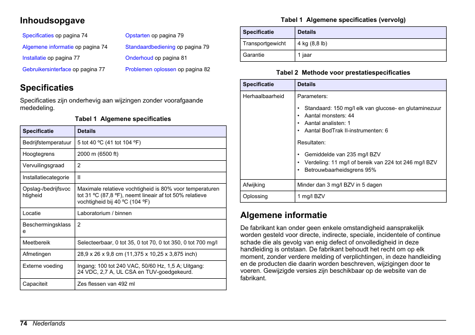 Basisgebruikershandleiding, Inhoudsopgave, Specificaties | Algemene informatie, Nederlands | Hach-Lange BODTrak II Basic User Manual User Manual | Page 74 / 172