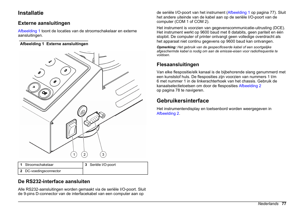 Installatie, Externe aansluitingen, De rs232-interface aansluiten | Flesaansluitingen, Gebruikersinterface | Hach-Lange BODTrak II Basic User Manual User Manual | Page 77 / 172