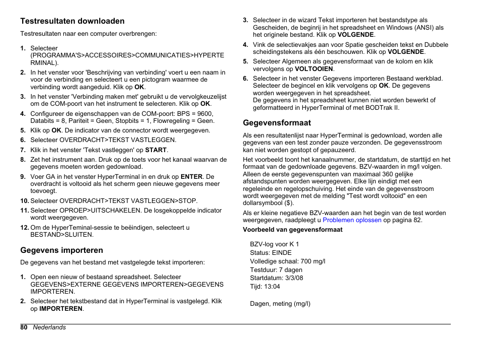 Testresultaten downloaden, Gegevens importeren, Gegevensformaat | Hach-Lange BODTrak II Basic User Manual User Manual | Page 80 / 172