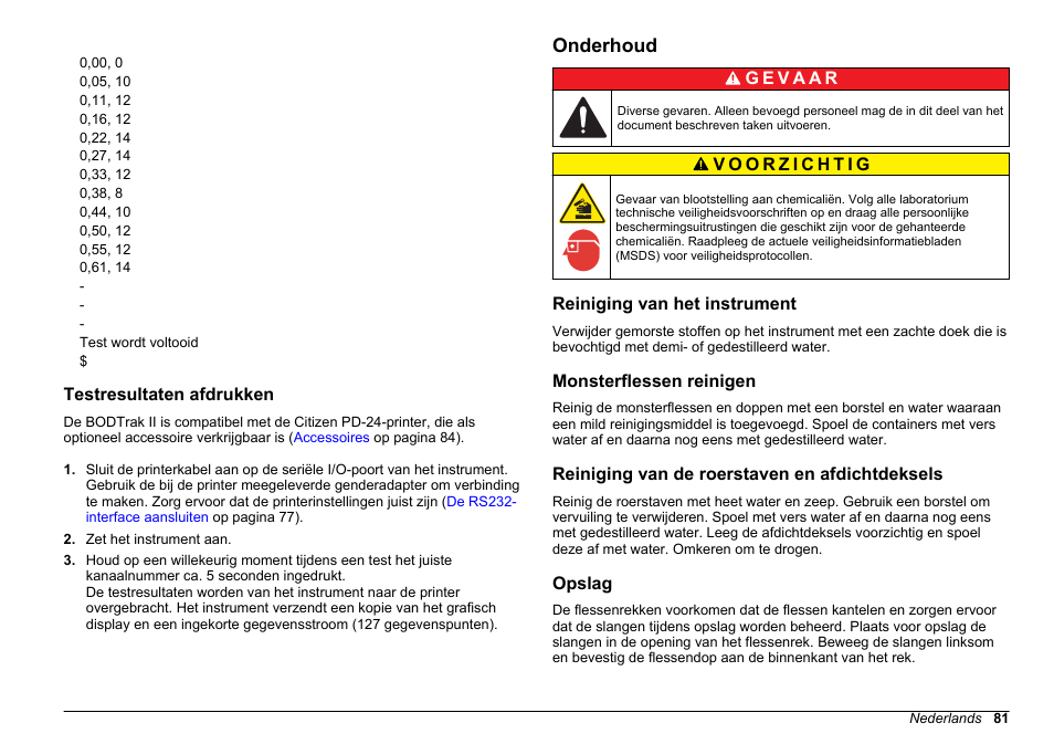 Testresultaten afdrukken, Onderhoud, Reiniging van het instrument | Monsterflessen reinigen, Reiniging van de roerstaven en afdichtdeksels, Opslag | Hach-Lange BODTrak II Basic User Manual User Manual | Page 81 / 172