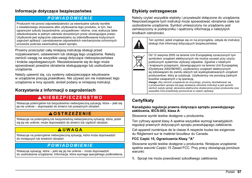 Informacje dotyczące bezpieczeństwa, Korzystanie z informacji o zagrożeniach, Etykiety ostrzegawcze | Certyfikaty | Hach-Lange BODTrak II Basic User Manual User Manual | Page 87 / 172