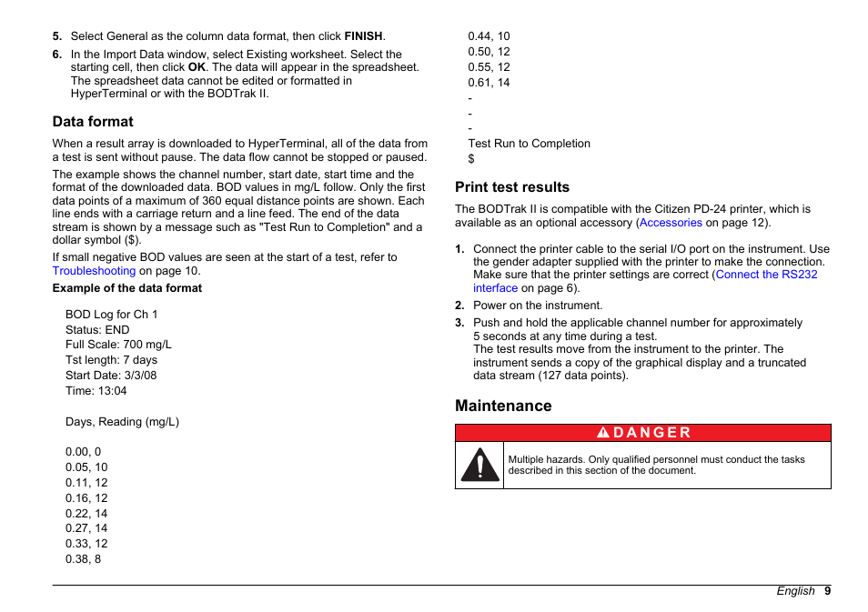 Data format, Print test results, Maintenance | Hach-Lange BODTrak II Basic User Manual User Manual | Page 9 / 172