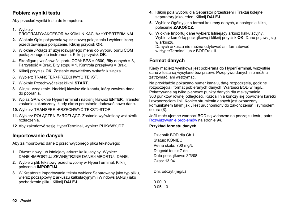 Pobierz wyniki testu, Importowanie danych, Format danych | Hach-Lange BODTrak II Basic User Manual User Manual | Page 92 / 172