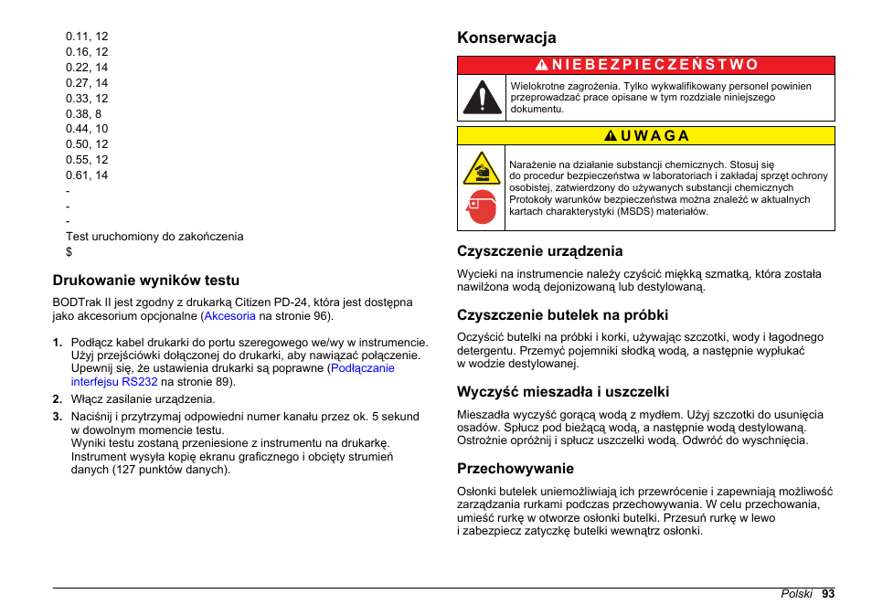 Drukowanie wyników testu, Konserwacja, Czyszczenie urządzenia | Czyszczenie butelek na próbki, Wyczyść mieszadła i uszczelki, Przechowywanie | Hach-Lange BODTrak II Basic User Manual User Manual | Page 93 / 172