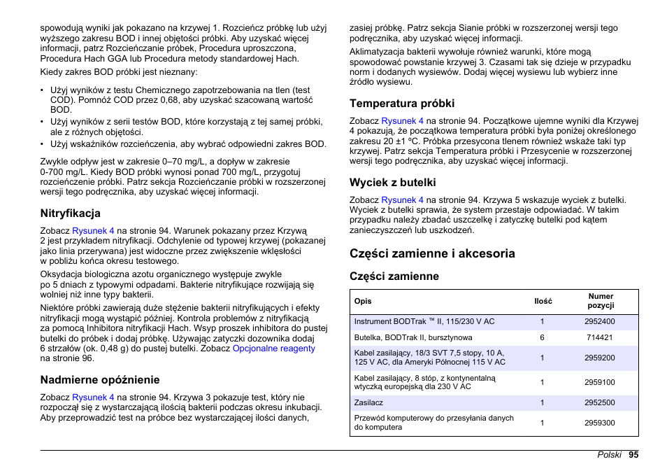 Nitryfikacja, Nadmierne opóźnienie, Temperatura próbki | Wyciek z butelki, Części zamienne i akcesoria, Części zamienne | Hach-Lange BODTrak II Basic User Manual User Manual | Page 95 / 172