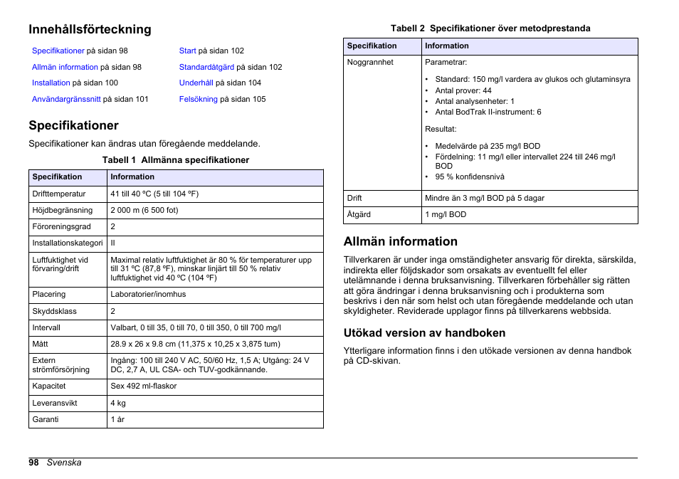 Grundläggande bruksanvisning, Innehållsförteckning, Specifikationer | Allmän information, Utökad version av handboken, Svenska | Hach-Lange BODTrak II Basic User Manual User Manual | Page 98 / 172