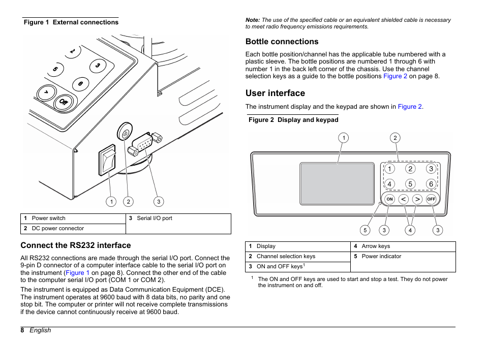 Connect the rs232 interface, Bottle connections, User interface | Connect the rs232 interface bottle connections | Hach-Lange BODTRACK II User Manual User Manual | Page 10 / 28