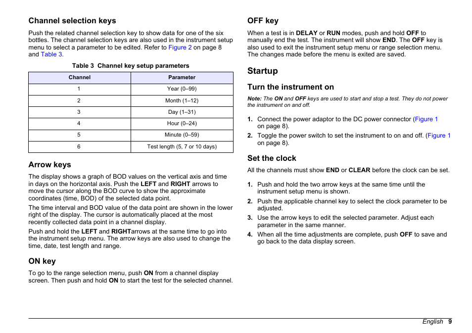 Channel selection keys, Arrow keys, On key | Off key, Startup, Turn the instrument on, Set the clock, Channel selection keys arrow keys on key off key, Turn the instrument on set the clock | Hach-Lange BODTRACK II User Manual User Manual | Page 11 / 28