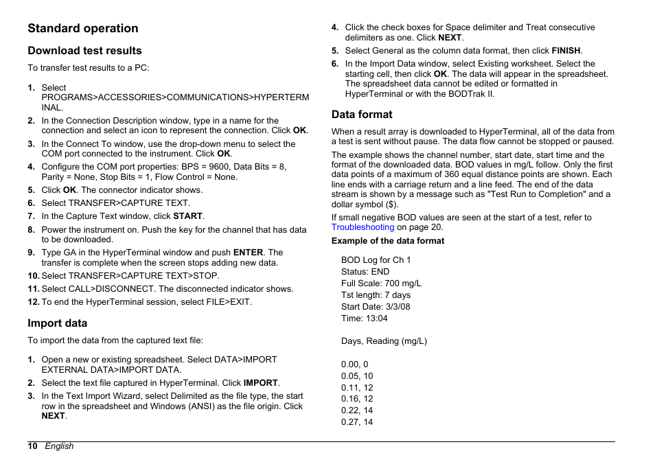 Standard operation, Download test results, Import data | Data format, Download test results import data data format | Hach-Lange BODTRACK II User Manual User Manual | Page 12 / 28