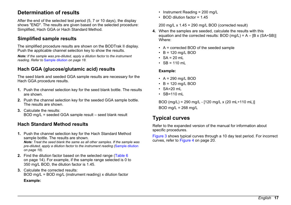 Determination of results, Simplified sample results, Hach gga (glucose/‍glutamic acid) results | Hach standard method results, Typical curves, Hach gga (glucose/glutamic acid) results | Hach-Lange BODTRACK II User Manual User Manual | Page 19 / 28