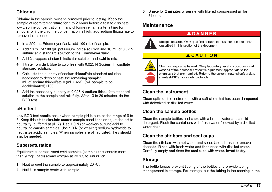 Chlorine, Ph effect, Supersaturation | Maintenance, Clean the instrument, Clean the sample bottles, Clean the stir bars and seal cups, Storage, Chlorine ph effect supersaturation | Hach-Lange BODTRACK II User Manual User Manual | Page 21 / 28