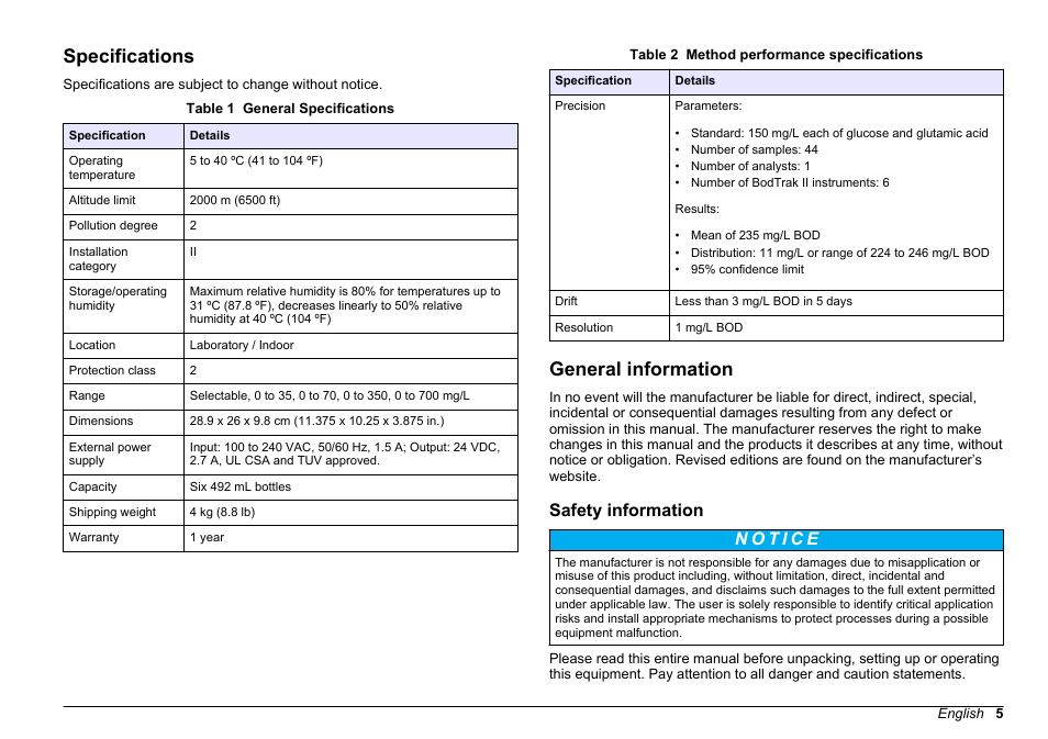 Specifications, General information, Safety information | Hach-Lange BODTRACK II User Manual User Manual | Page 7 / 28