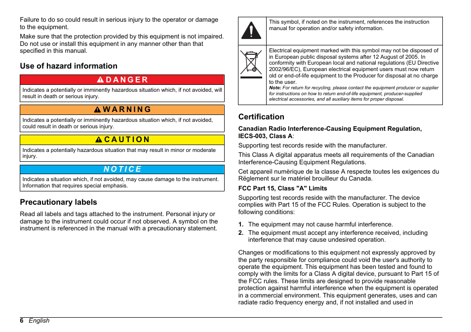 Use of hazard information, Precautionary labels, Certification | Hach-Lange BODTRACK II User Manual User Manual | Page 8 / 28