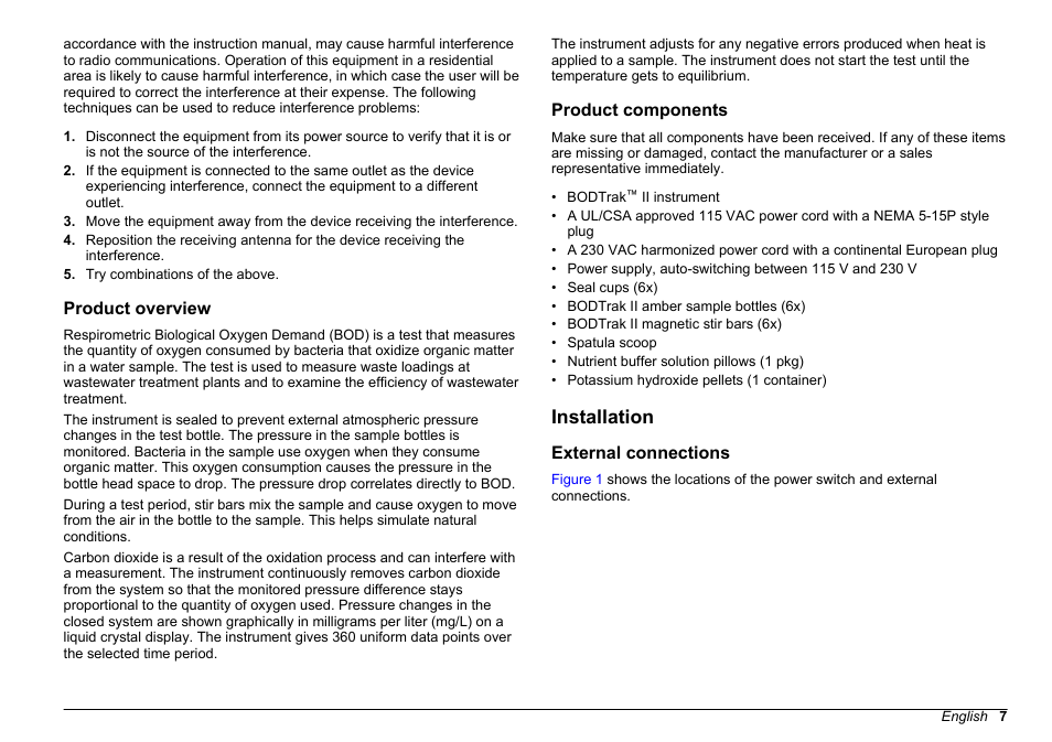 Product overview, Product components, Installation | External connections, Product overview product components | Hach-Lange BODTRACK II User Manual User Manual | Page 9 / 28