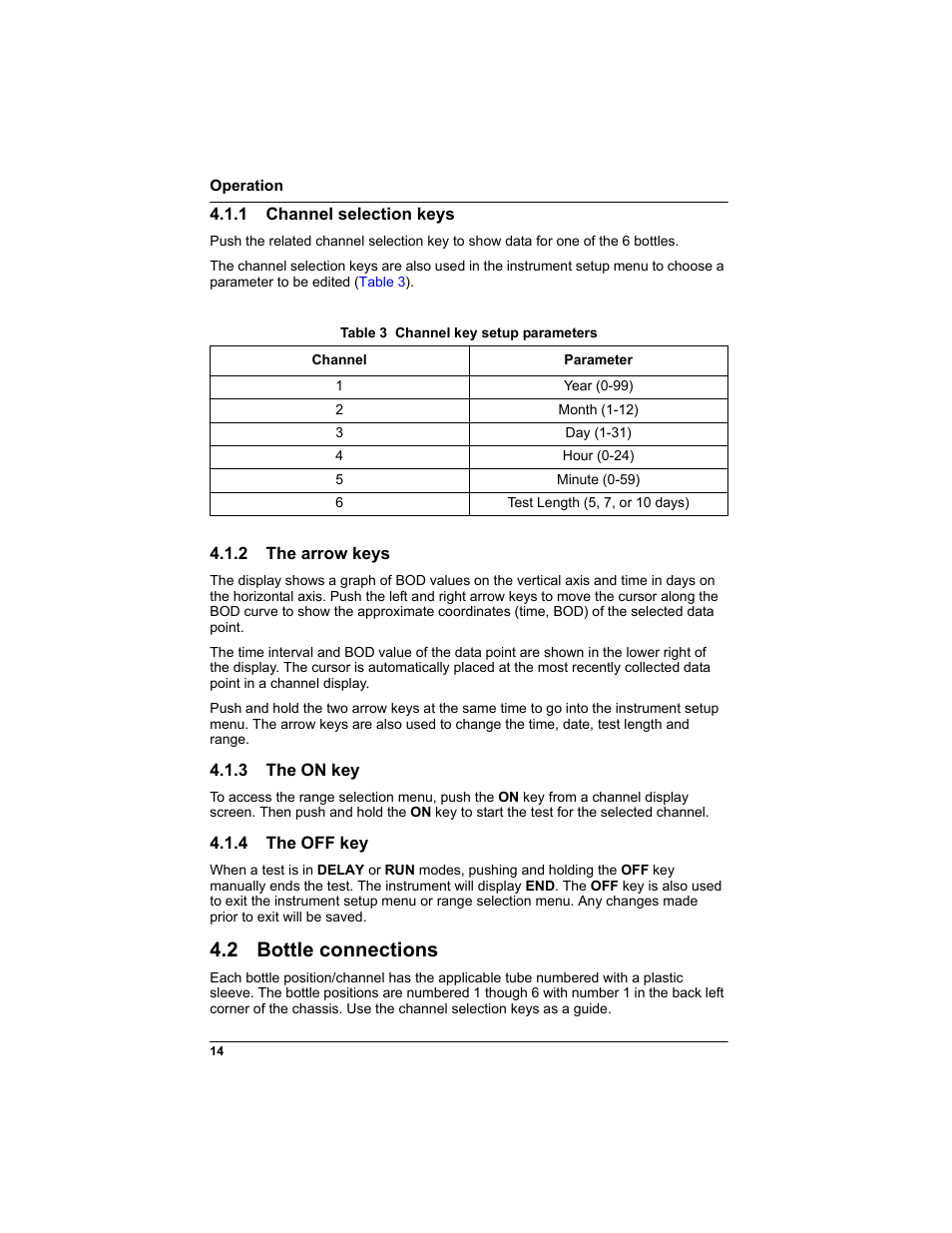 1 channel selection keys, 2 the arrow keys, 3 the on key | 4 the off key, 2 bottle connections | Hach-Lange BODTRAK II: Respirometric Biochemical Oxygen Demand (BOD) User Manual | Page 14 / 46