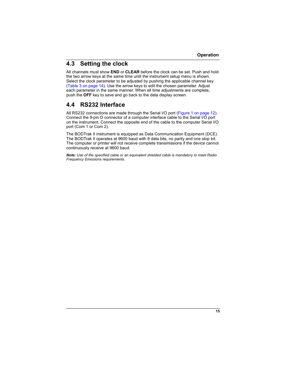 3 setting the clock, 4 rs232 interface, 3 setting the clock 4.4 rs232 interface | Hach-Lange BODTRAK II: Respirometric Biochemical Oxygen Demand (BOD) User Manual | Page 15 / 46