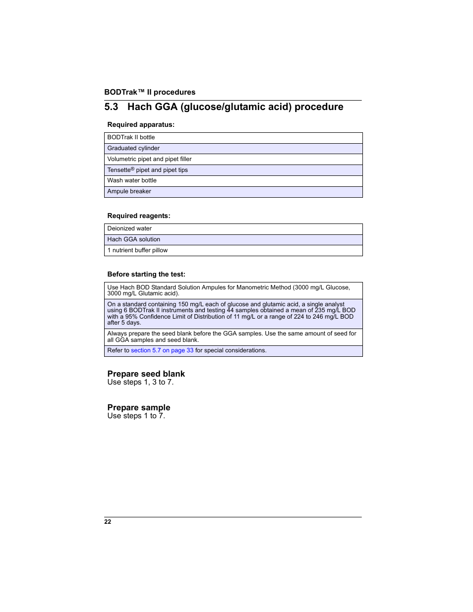 3 hach gga (glucose/glutamic acid) procedure, Prepare seed blank, Prepare sample | Hach-Lange BODTRAK II: Respirometric Biochemical Oxygen Demand (BOD) User Manual | Page 22 / 46