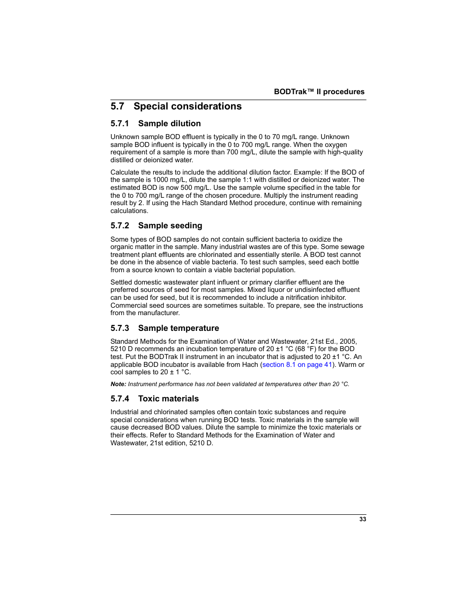7 special considerations, 1 sample dilution, 2 sample seeding | 3 sample temperature, 4 toxic materials, Fer to | Hach-Lange BODTRAK II: Respirometric Biochemical Oxygen Demand (BOD) User Manual | Page 33 / 46