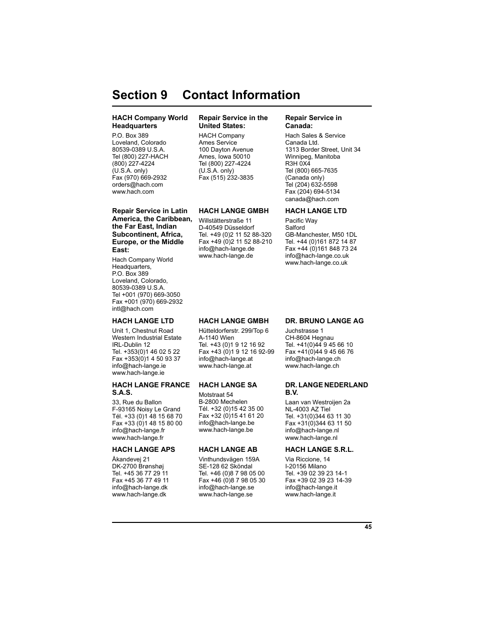 Section 9 contact information | Hach-Lange BODTRAK II: Respirometric Biochemical Oxygen Demand (BOD) User Manual | Page 45 / 46