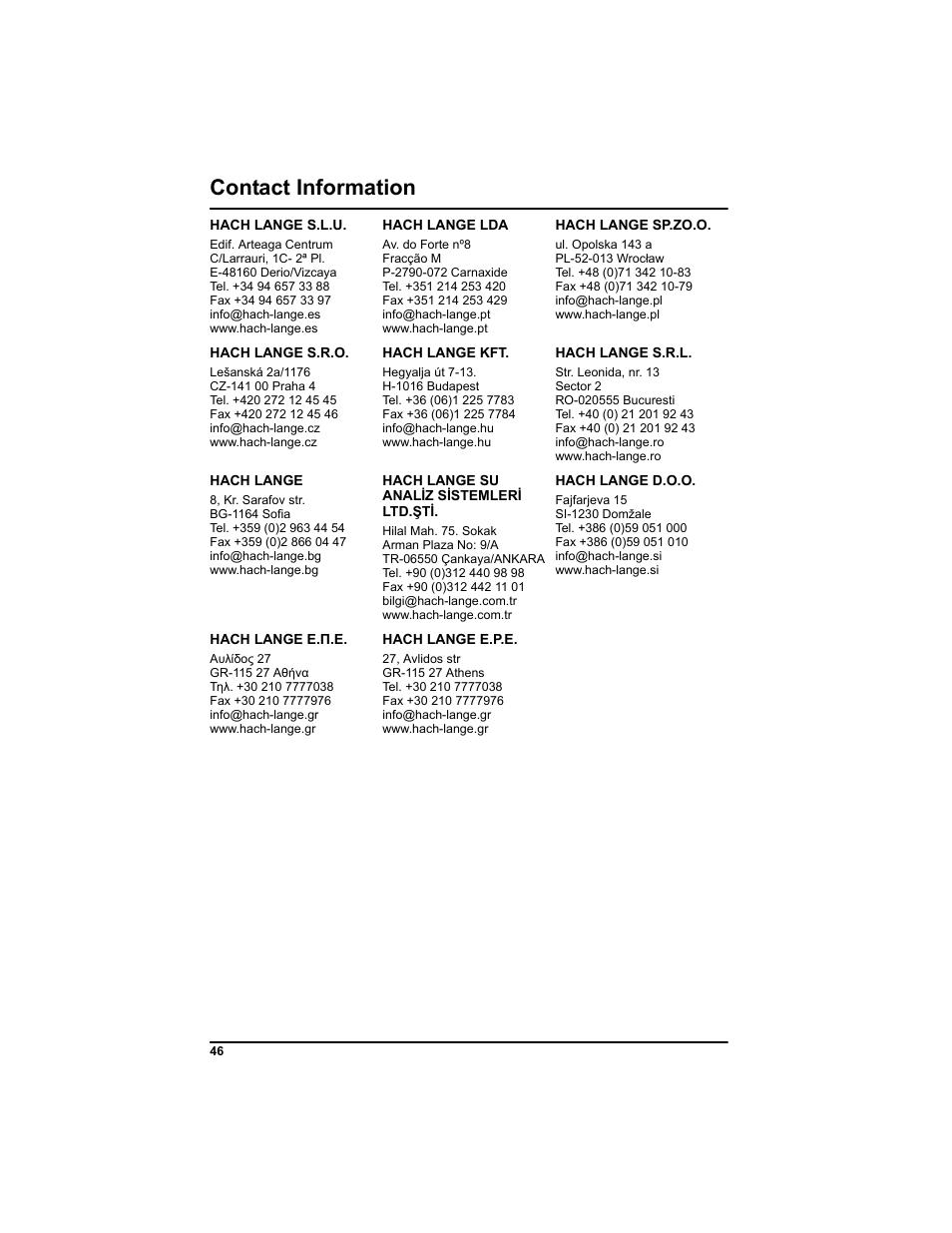 Contact information | Hach-Lange BODTRAK II: Respirometric Biochemical Oxygen Demand (BOD) User Manual | Page 46 / 46
