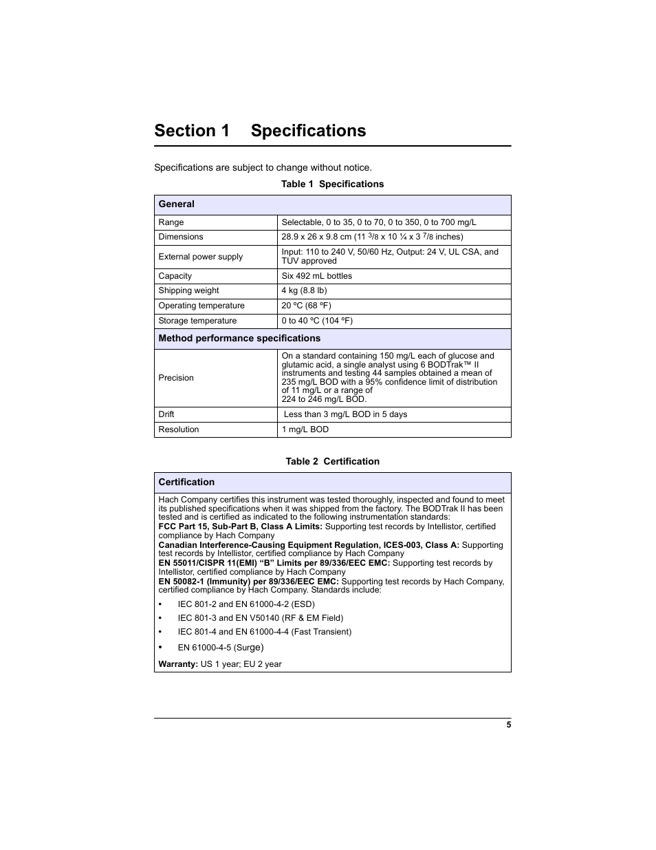 Section 1 specifications | Hach-Lange BODTRAK II: Respirometric Biochemical Oxygen Demand (BOD) User Manual | Page 5 / 46