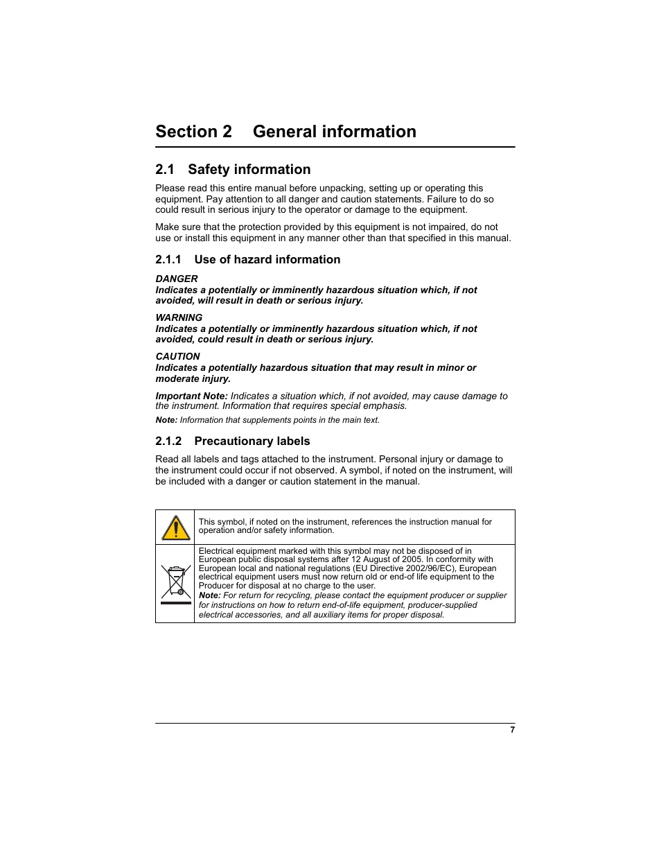 Section 2 general information, 1 safety information, 1 use of hazard information | 2 precautionary labels | Hach-Lange BODTRAK II: Respirometric Biochemical Oxygen Demand (BOD) User Manual | Page 7 / 46