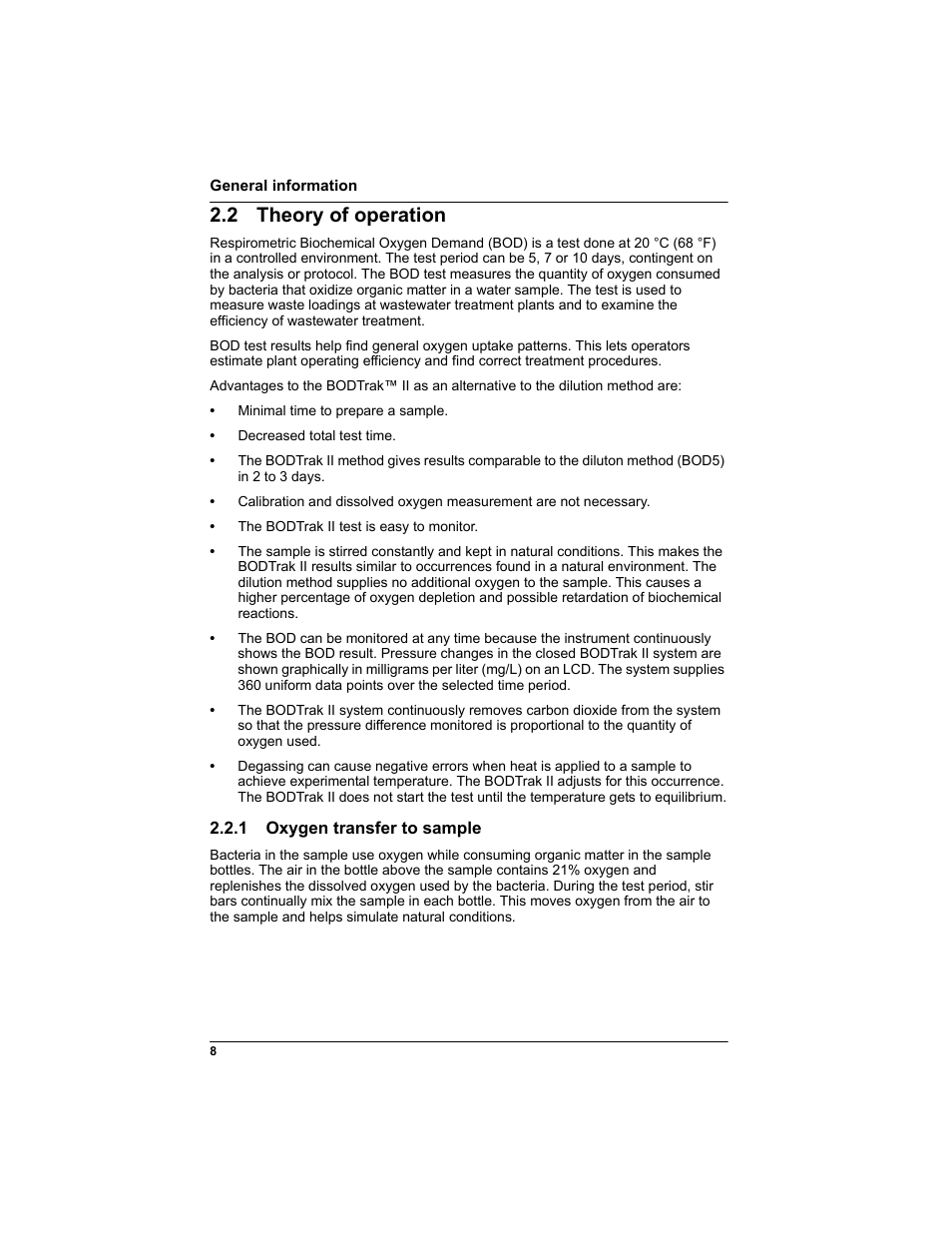 2 theory of operation, 1 oxygen transfer to sample | Hach-Lange BODTRAK II: Respirometric Biochemical Oxygen Demand (BOD) User Manual | Page 8 / 46