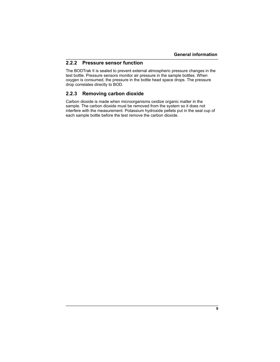 2 pressure sensor function, 3 removing carbon dioxide | Hach-Lange BODTRAK II: Respirometric Biochemical Oxygen Demand (BOD) User Manual | Page 9 / 46