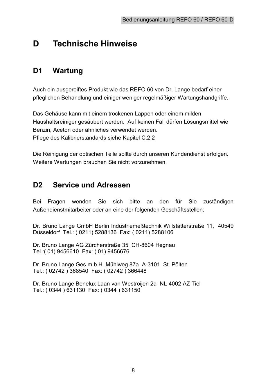 Technische hinweise, Wartung, Service und adressen | D technische hinweise, D1 wartung, D2 service und adressen | Hach-Lange REFO 60_REFO 60D User Manual | Page 10 / 36