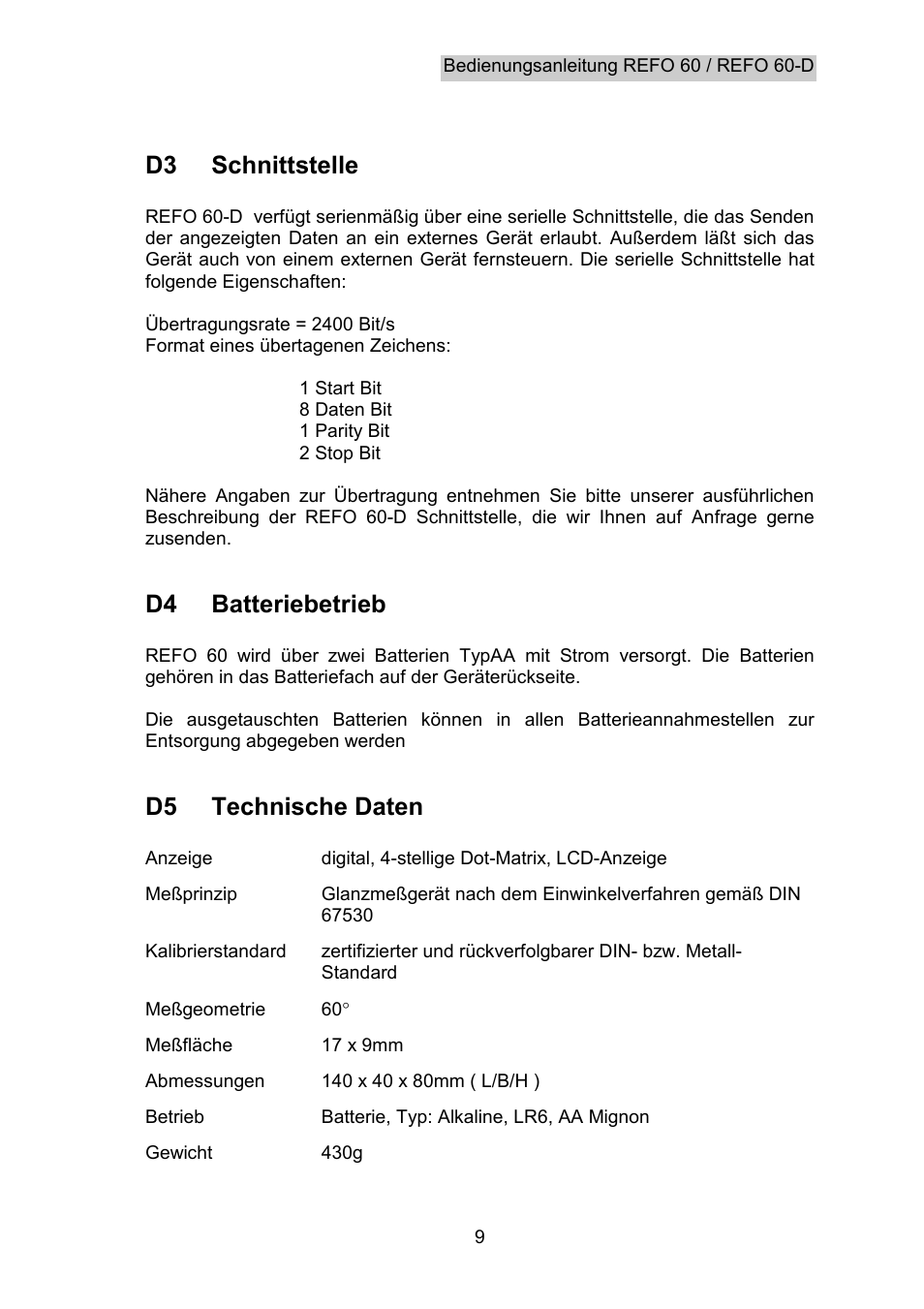 Schnittstelle, Batteriebetrieb, Technische daten | D3 schnittstelle, D4 batteriebetrieb, D5 technische daten | Hach-Lange REFO 60_REFO 60D User Manual | Page 11 / 36