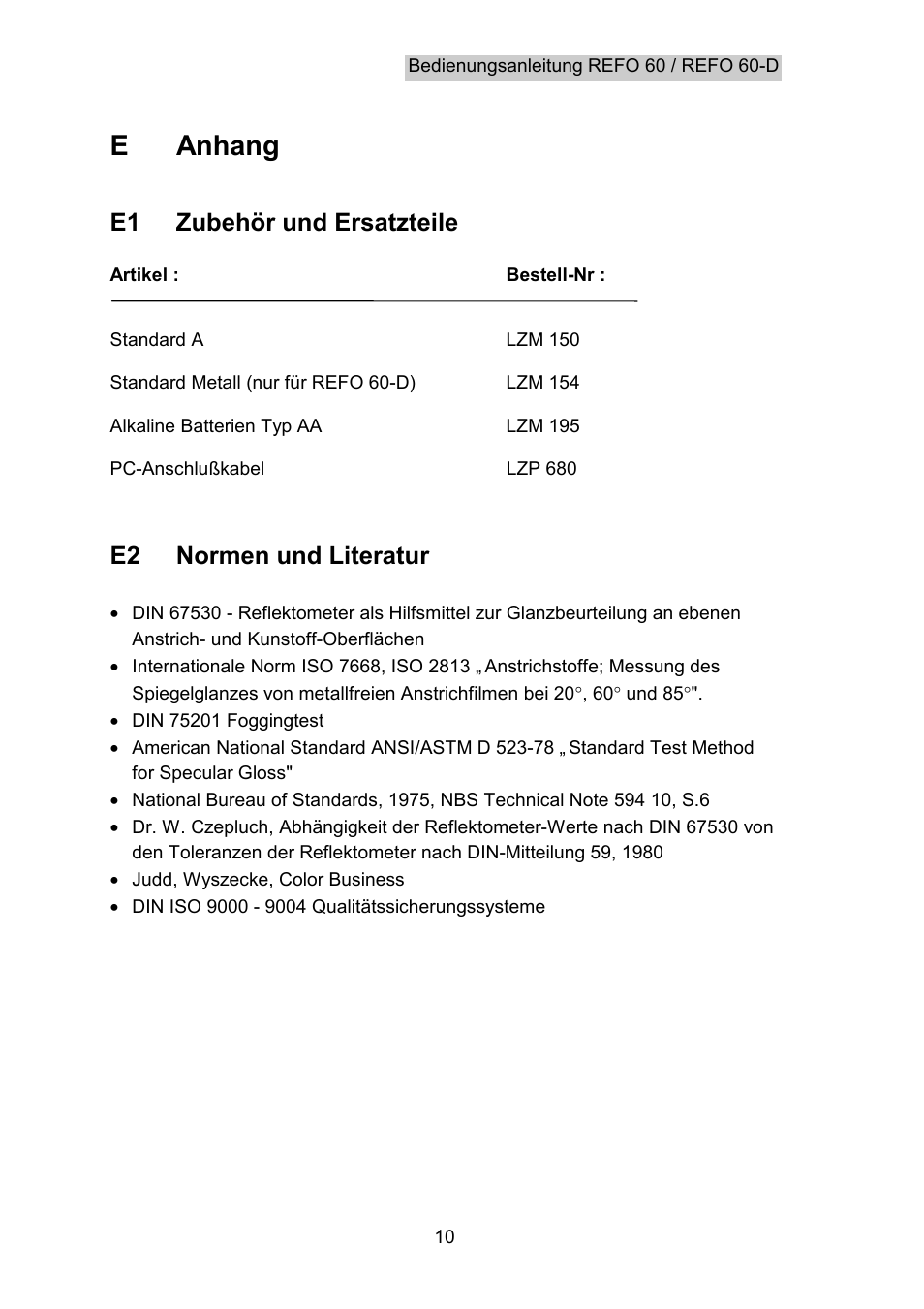 Anhang, Zubehör und ersatzteile, Normen und literatur | English, E anhang, E1 zubehör und ersatzteile, E2 normen und literatur | Hach-Lange REFO 60_REFO 60D User Manual | Page 12 / 36