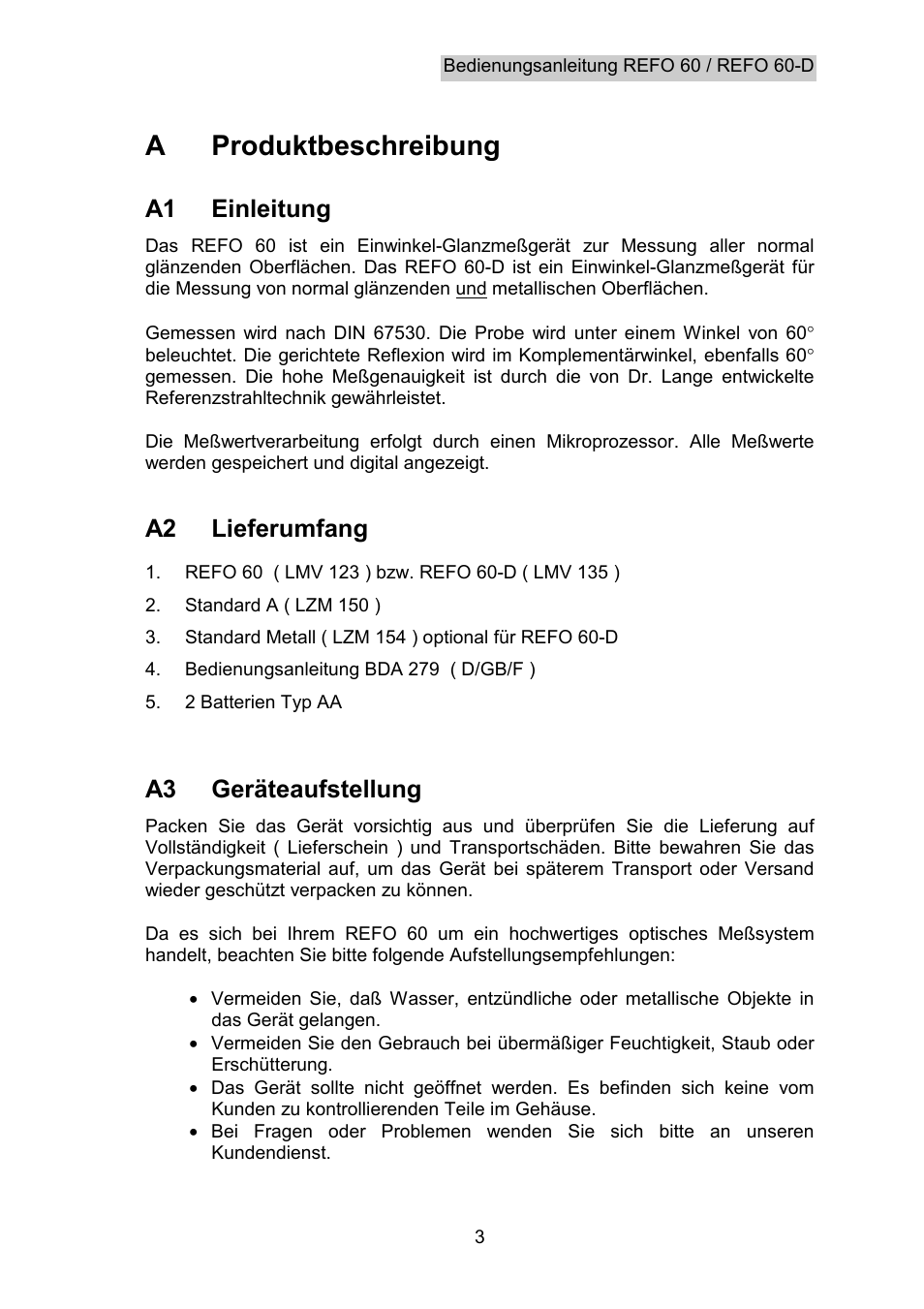 Produktbeschreibung, Einleitung, Lieferumfang | Geräteaufstellung, A produktbeschreibung, A1 einleitung, A2 lieferumfang, A3 geräteaufstellung | Hach-Lange REFO 60_REFO 60D User Manual | Page 5 / 36