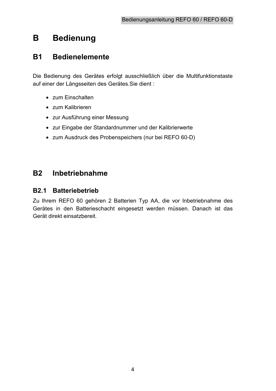 Bedienung, Bedienelemente, Inbetriebnahme | Batteriebetrieb, B bedienung | Hach-Lange REFO 60_REFO 60D User Manual | Page 6 / 36