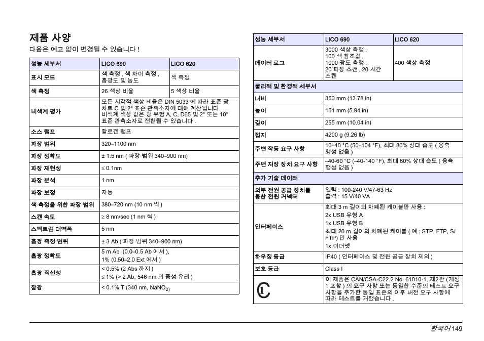 제품 사양 | Hach-Lange LICO 690 Basic User Manual User Manual | Page 149 / 329