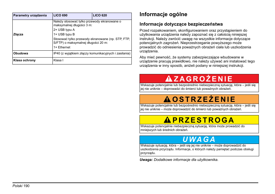 U wa g a, Informacje ogólne | Hach-Lange LICO 690 Basic User Manual User Manual | Page 190 / 329