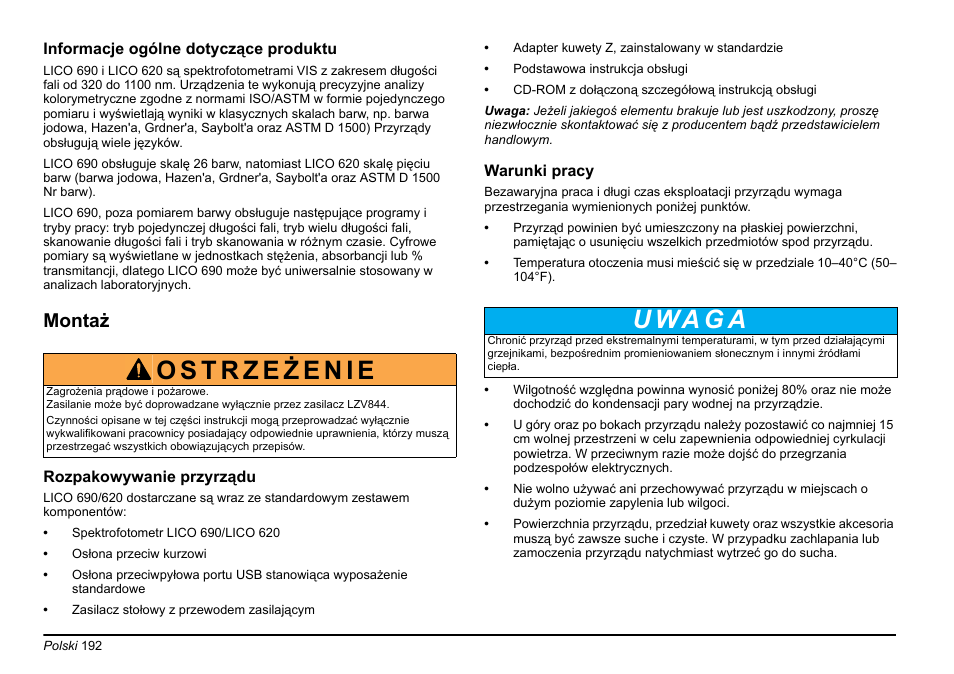 U wa g a, Montaż | Hach-Lange LICO 690 Basic User Manual User Manual | Page 192 / 329