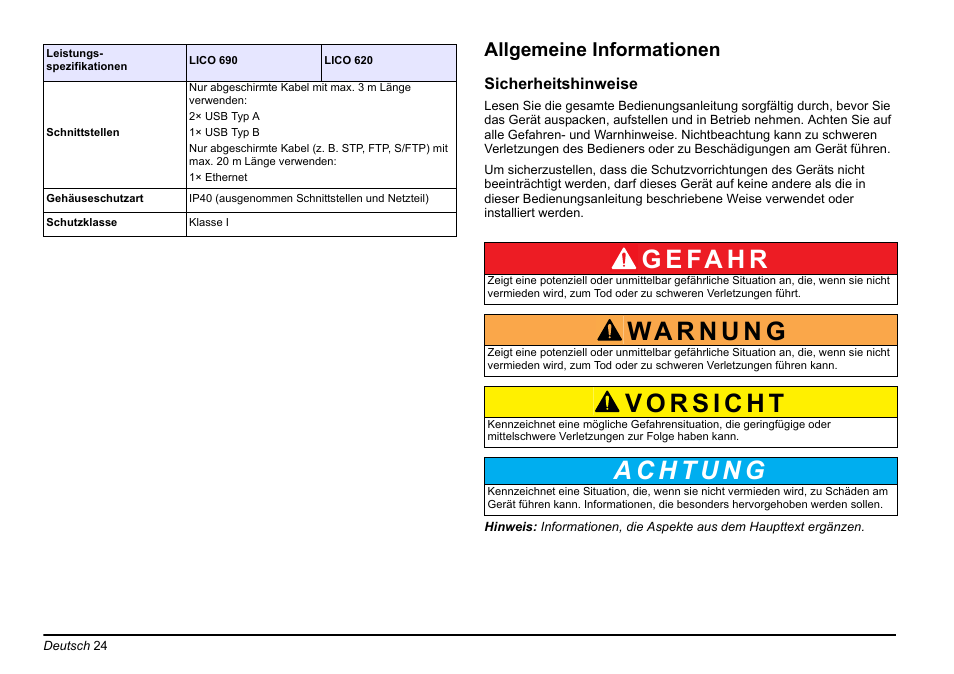G e fa h r, Allgemeine informationen | Hach-Lange LICO 690 Basic User Manual User Manual | Page 24 / 329