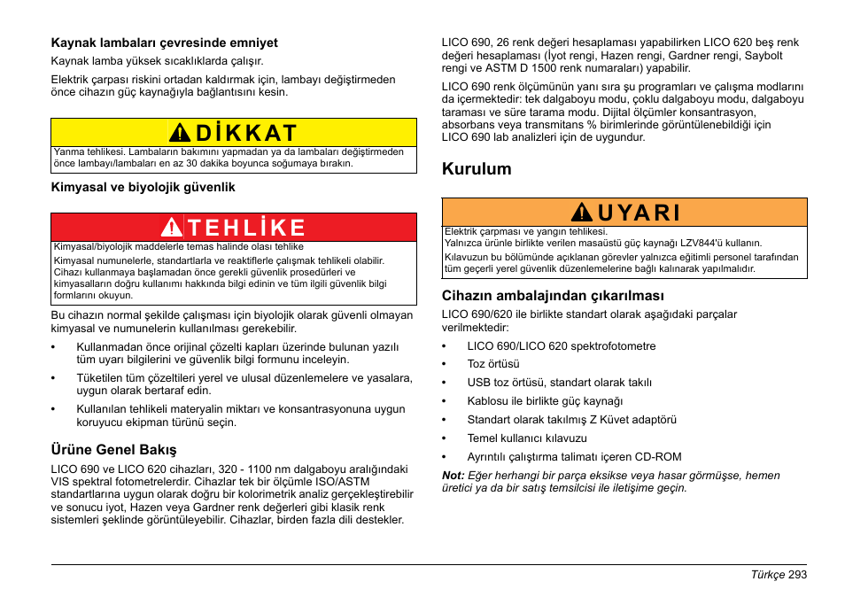 U ya r i, Kurulum | Hach-Lange LICO 690 Basic User Manual User Manual | Page 293 / 329