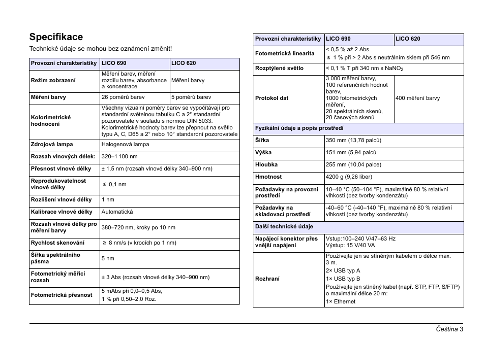 Čeština, Specifikace | Hach-Lange LICO 690 Basic User Manual User Manual | Page 3 / 329