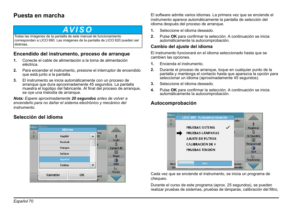 Av i s o, Puesta en marcha | Hach-Lange LICO 690 Basic User Manual User Manual | Page 70 / 329