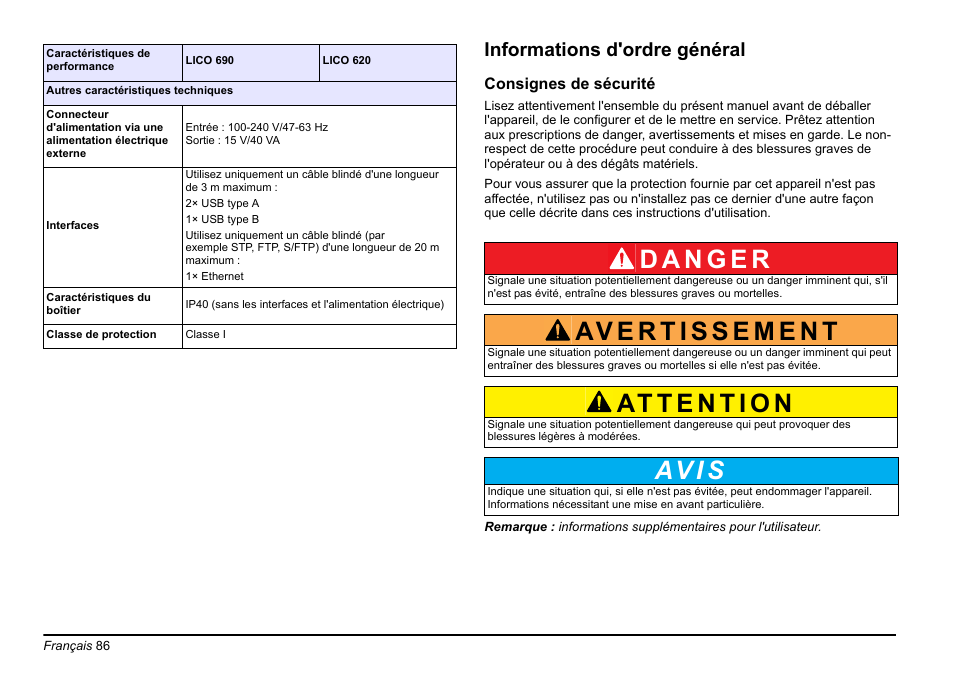 Av i s, Informations d'ordre général | Hach-Lange LICO 690 Basic User Manual User Manual | Page 86 / 329