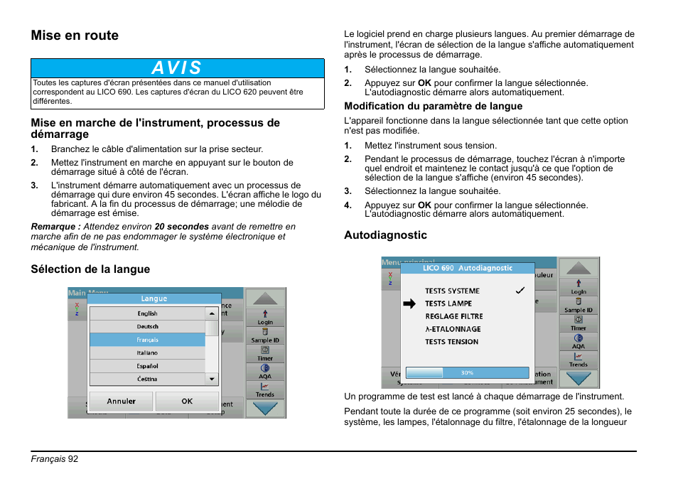 Av i s, Mise en route | Hach-Lange LICO 690 Basic User Manual User Manual | Page 92 / 329