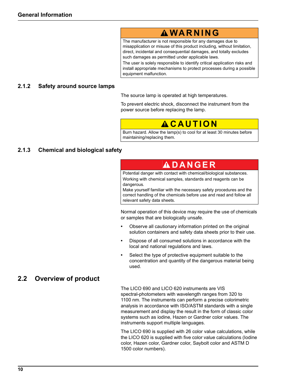 2 safety around source lamps, 3 chemical and biological safety, 2 overview of product | Hach-Lange LICO 690 User Manual User Manual | Page 10 / 114