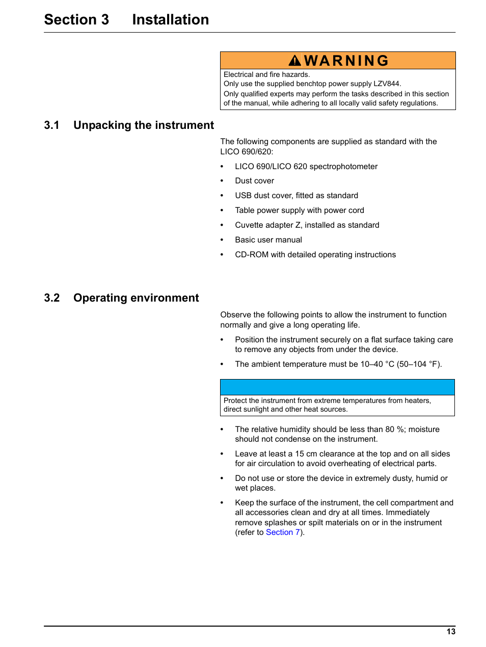 Section 3 installation, 1 unpacking the instrument, 2 operating environment | Hach-Lange LICO 690 User Manual User Manual | Page 13 / 114