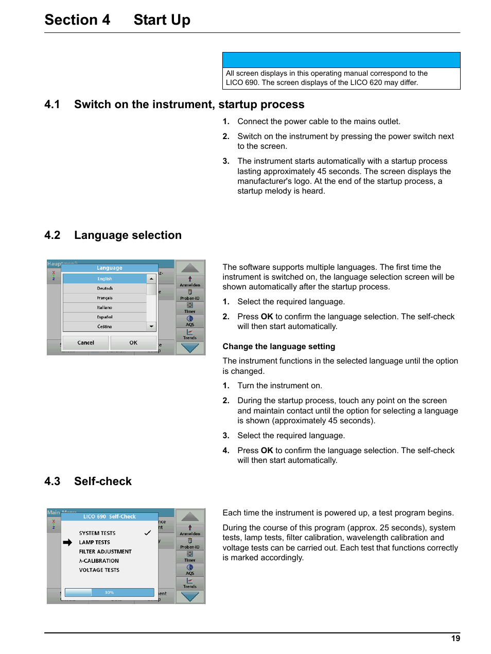 Section 4 start up, 1 switch on the instrument, startup process, 2 language selection | 3 self-check | Hach-Lange LICO 690 User Manual User Manual | Page 19 / 114